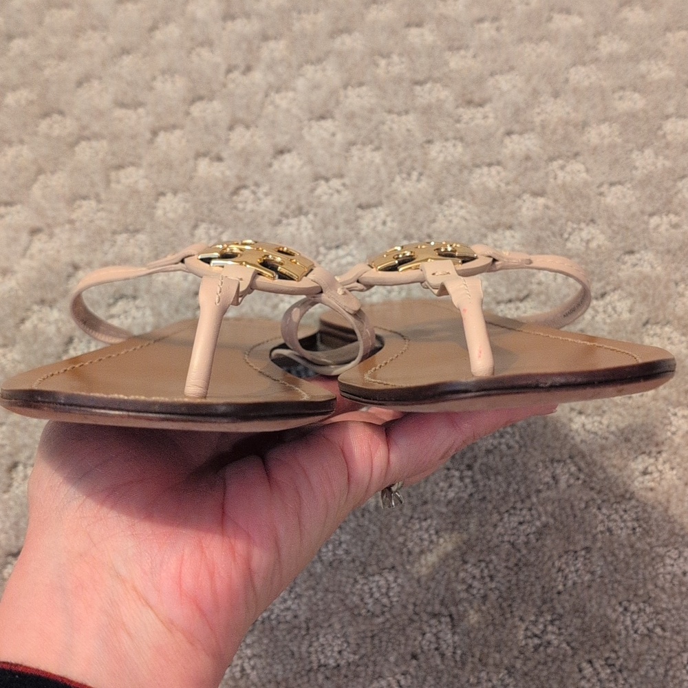 Tory Burch Square Toed Miller Sandal Leather Seashell Pink Gold Toned Logo 8 1/2 - Picture 7 of 10